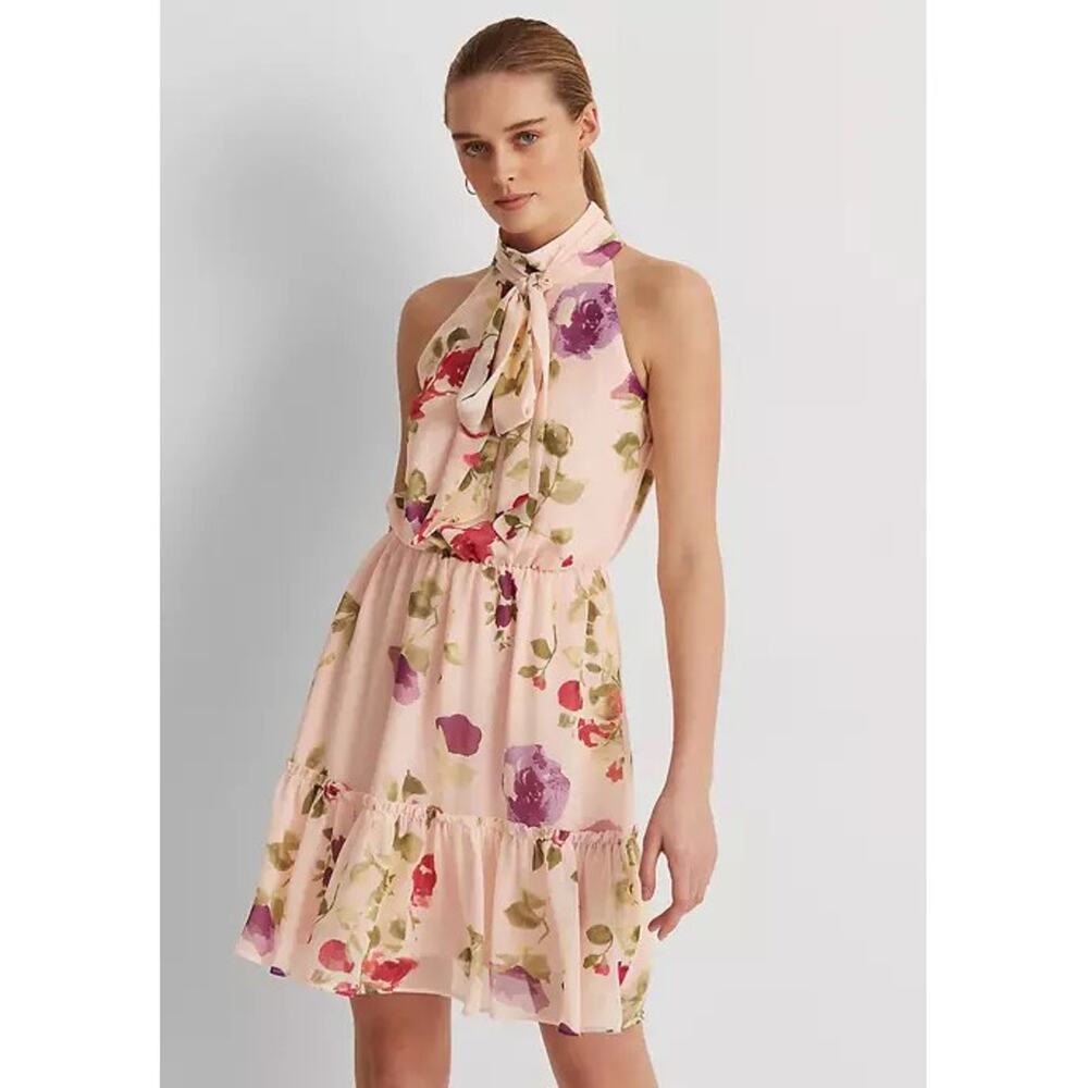 Lauren Ralph Lauren Women Floral Sage Chiffon Sleeveless Cocktail Dress Size 16